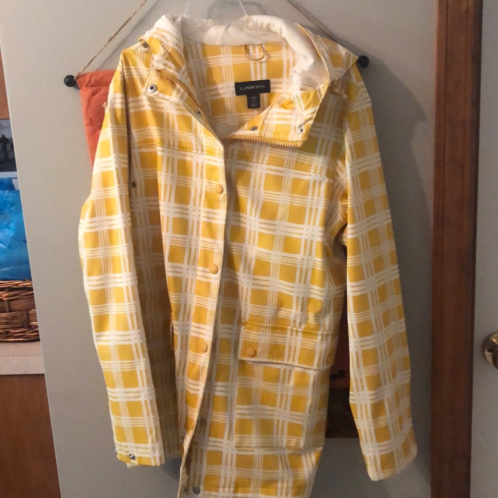 Land’s End yellow and plaid raincoat